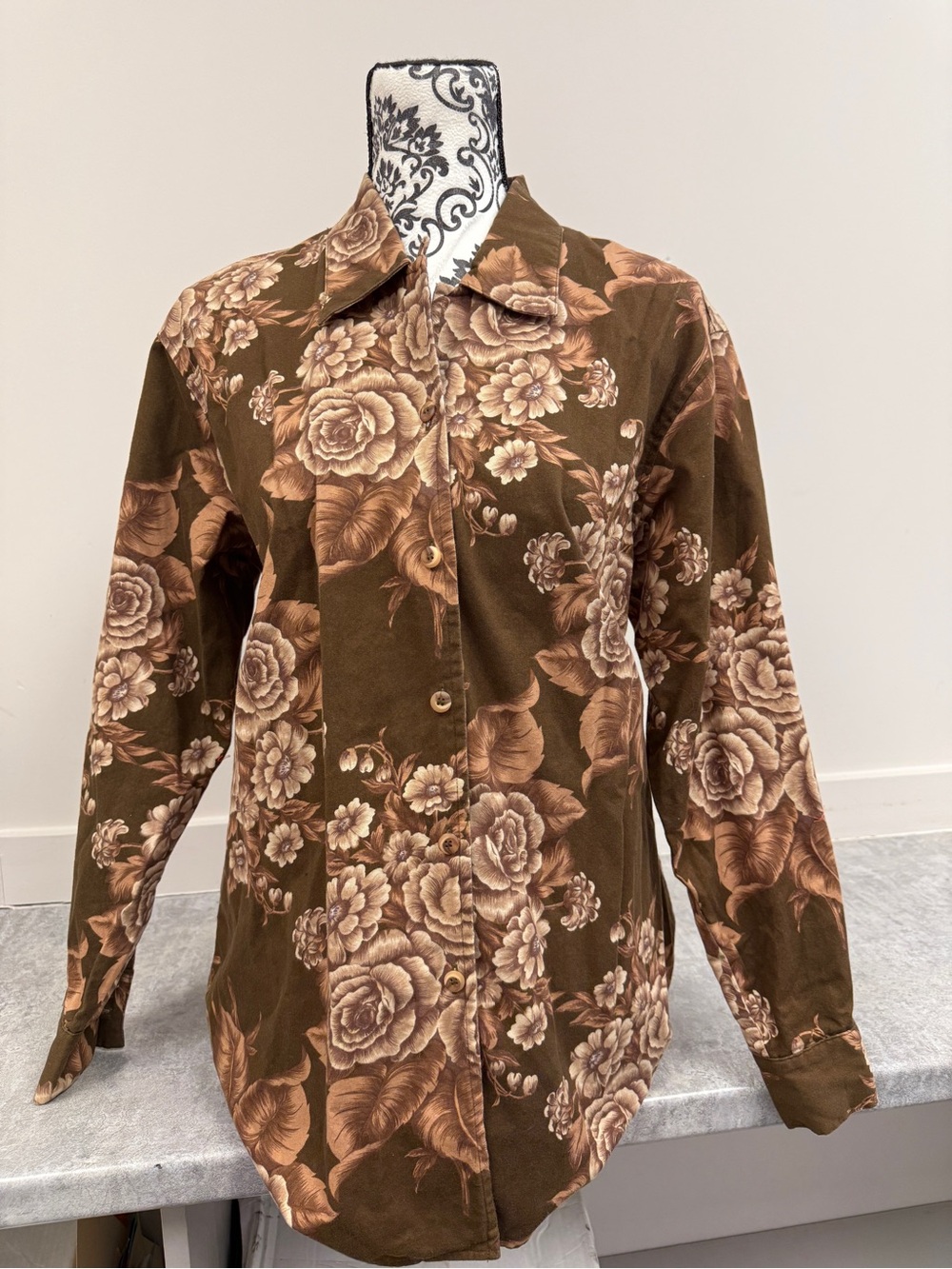 Vintage Ruff Hewn Floral Button Front Shirt Brown 100% Cotton Medium